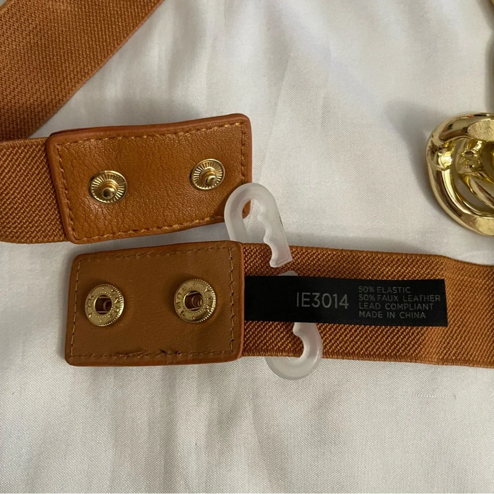 Brown faux leather gold tone chained elastic waistband skinny belt - Picture 5 of 8
